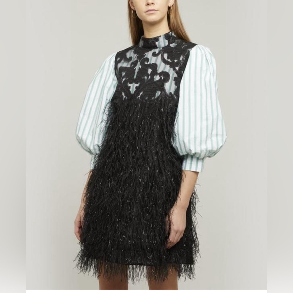 GANNI  Feathery Metallic Balloon Sleeve Minidress In Black,green,white in Sz L